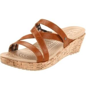 Crocs A Leigh Mini Wedge Leather Slides Strappy Sandals Logo Cork Heels Brown 10